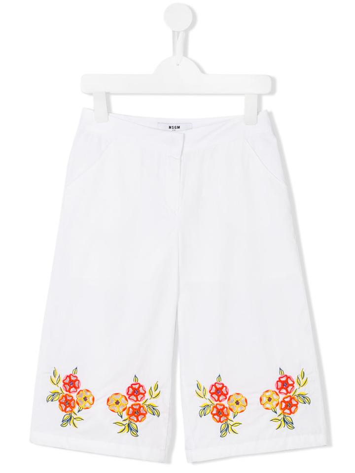 Msgm Kids Embroidered Flower Trousers, Size: 10 Yrs, White