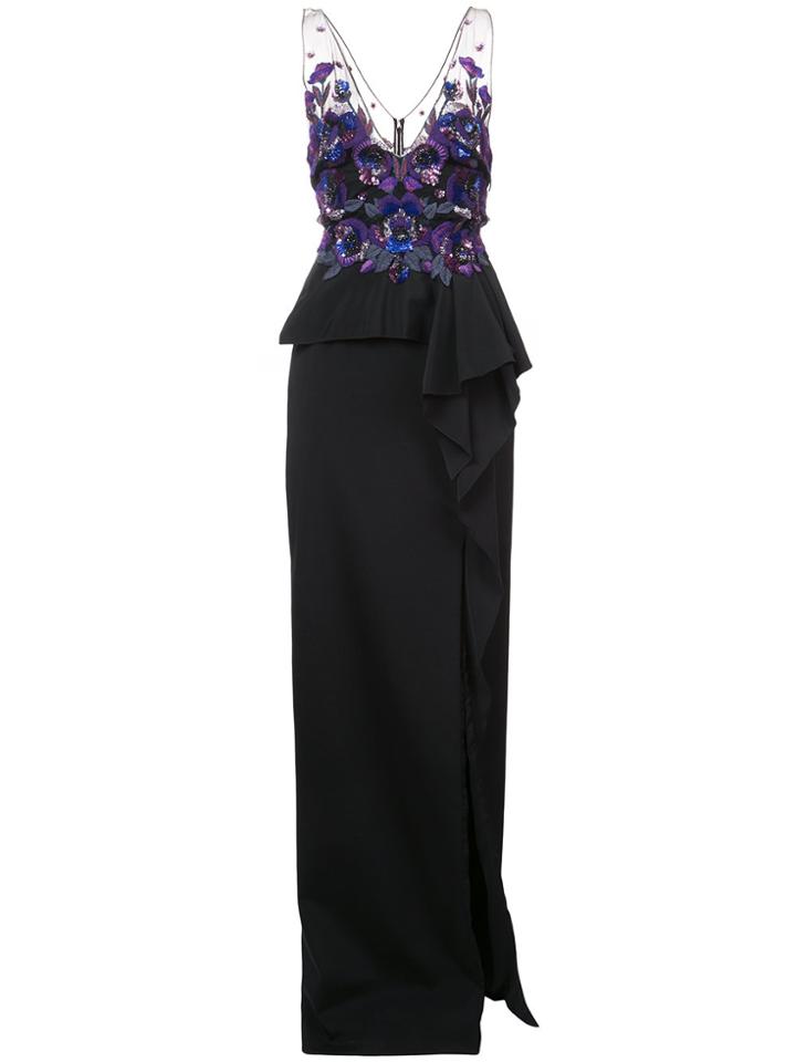 Marchesa Notte Embroidered Sequined Column Gown - Black