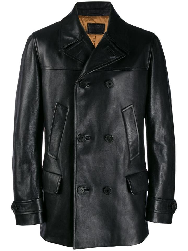 Prada Double Breasted Leather Jacket - Black