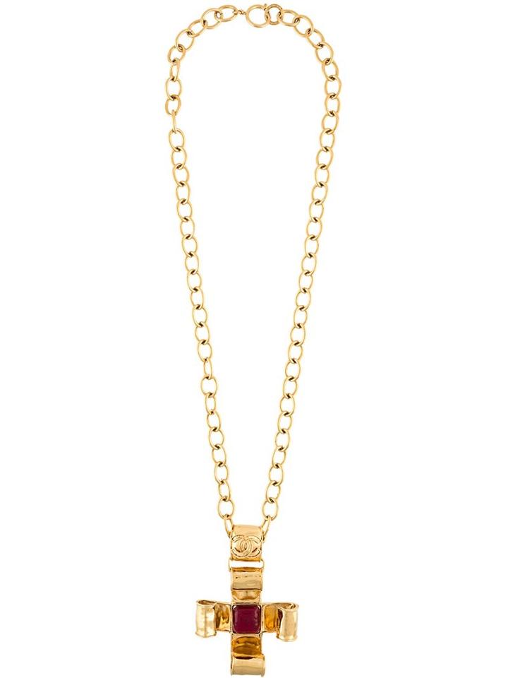 Chanel Vintage Cross Pendant Chain Necklace, Women's, Yellow/orange