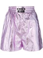 Msgm Metallic Faux Leather Track Shorts - Pink & Purple