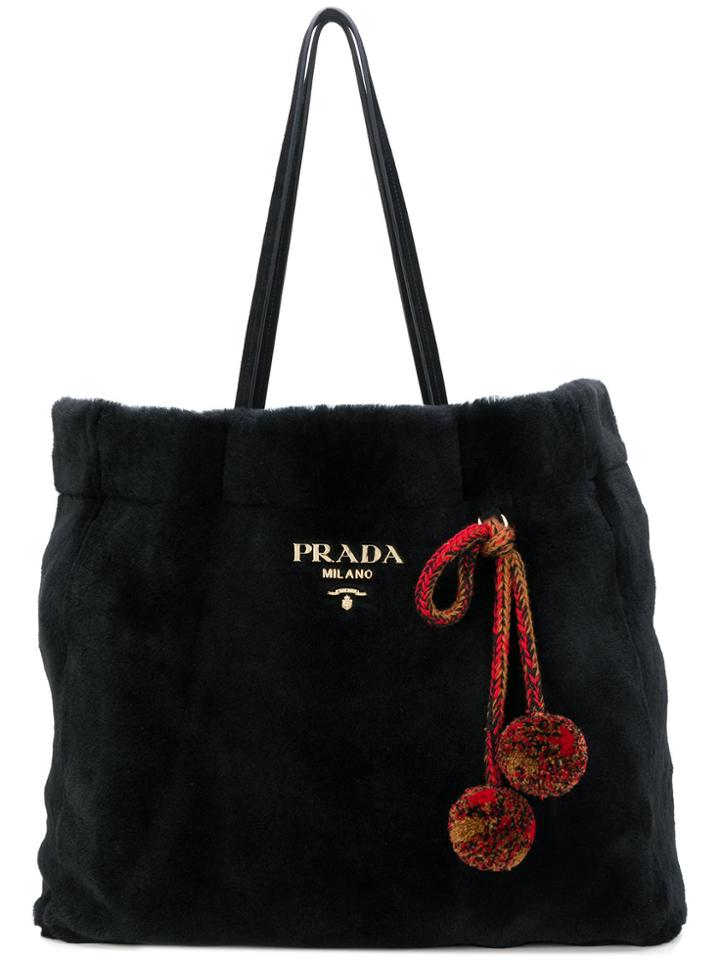 Prada Large East West Shearling Shopper - Black