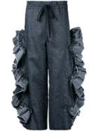 Roberts Wood Scallop Ruffle Cut-out Trousers, Women's, Size: Medium, Grey, Cotton/linen/flax