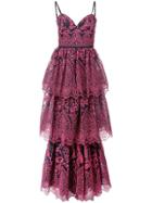 Marchesa Notte Floral Embroidered Tiered Gown - Blue