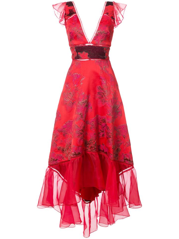 Marchesa Notte Jacquard Asymmetric Gown - Red