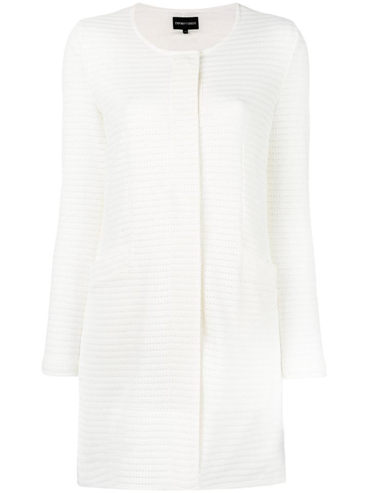 Emporio Armani Collarless Single Breasted Coat, Women's, Size: 42, White, Polyester/spandex/elastane/cotton