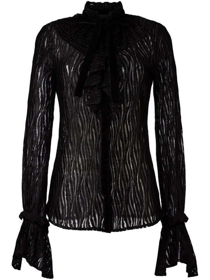 Christian Pellizzari Ruffled Tie Collar Shirt, Women's, Size: 40, Black, Viscose/polyamide