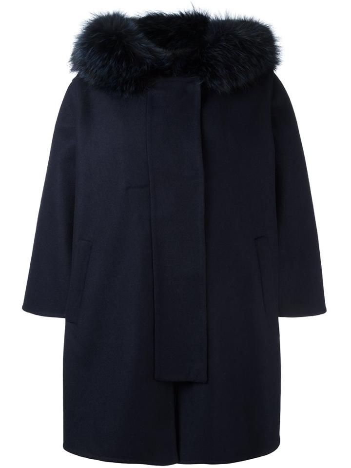 Ermanno Scervino Mink Fur Trim Hooded Coat, Women's, Size: 40, Blue, Mink Fur/polyamide/cupro/virgin Wool