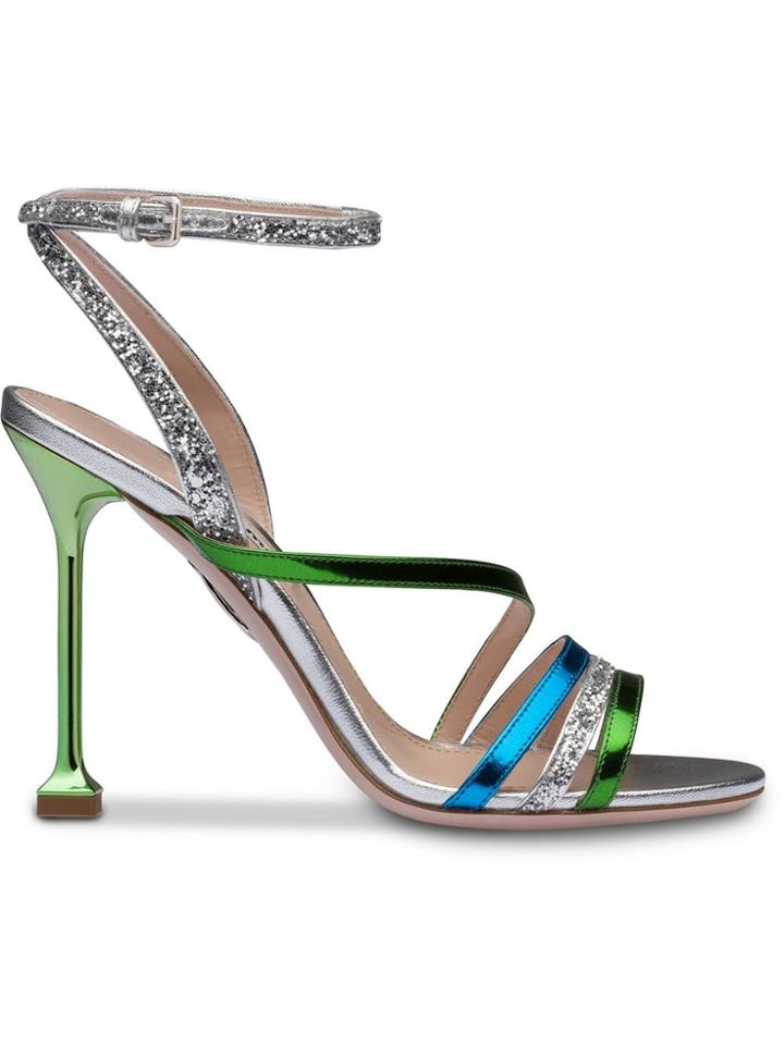 Miu Miu Metallic Leather And Glitter Sandals - F0yer Apple Green + Sea