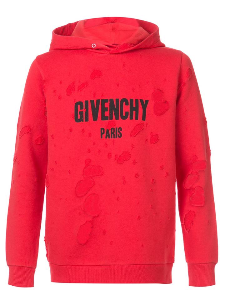 Givenchy Distressed Logo Print Hoodie - Red