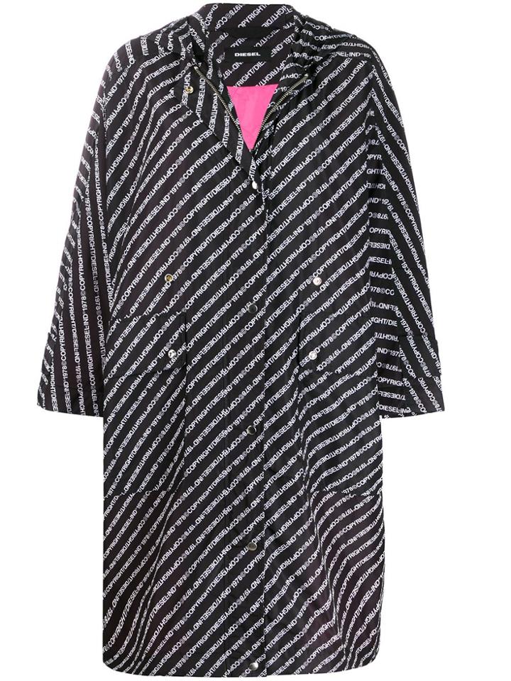 Diesel Logo Print Hooded Padded Coat - Black