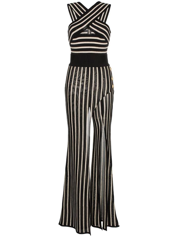 Balmain Striped Cross Strap Wide Leg Jumpsuit - Black