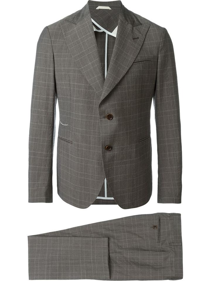 Al Duca D'aosta 1902 Grid Effect Two Piece Slim Business Suit, Men's, Size: 52, Brown, Cotton/spandex/elastane/virgin Wool