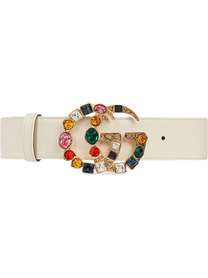 Gucci Leather Belt With Crystal Double G Buckle - White
