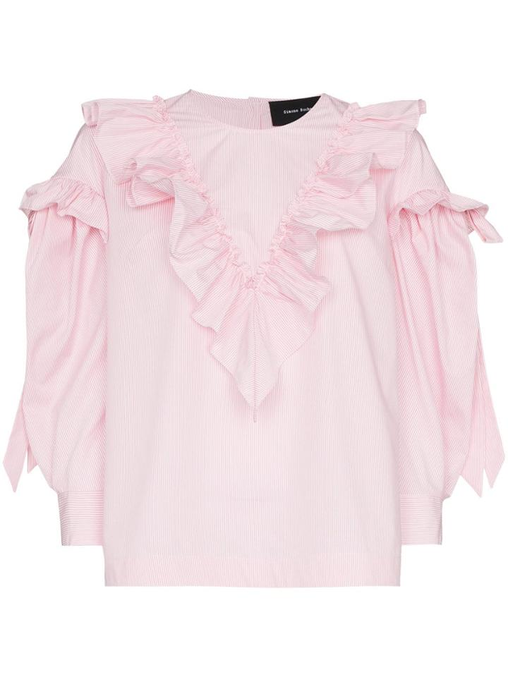 Simone Rocha Stripe Ruffle Cotton Long Sleeve Blouse - Pink