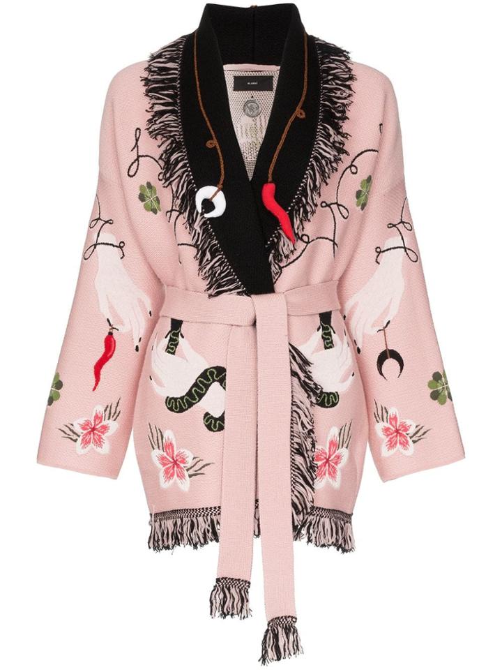 Alanui Fringed Embroidered Wool Cotton Blend Cardigan - Pink