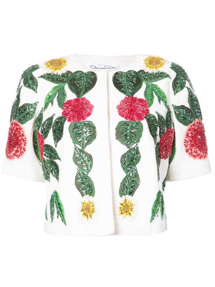 Oscar De La Renta Floral Embellished Half Sleeve Jacket - White