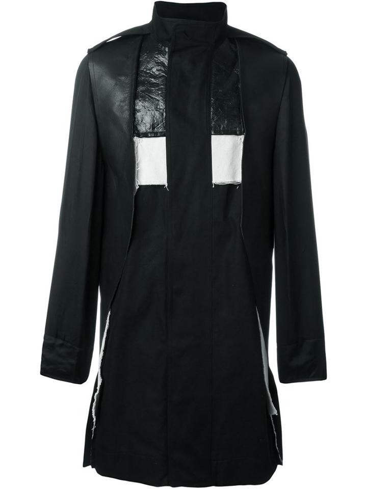 Rick Owens Panelled Funnel Neck Coat, Men's, Size: 48, Black, Cotton/leather