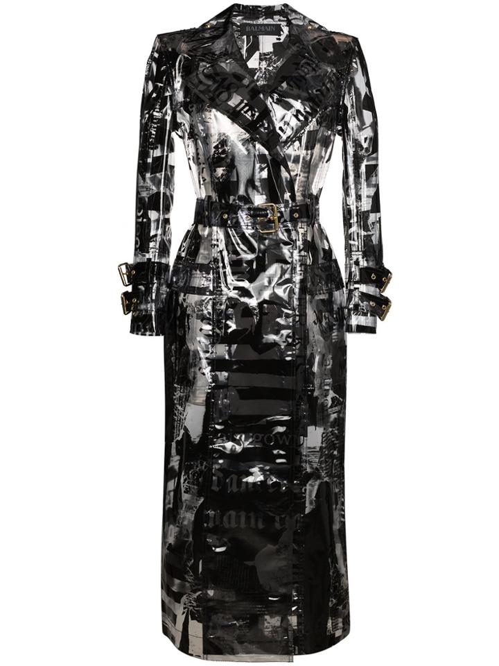 Balmain News Print Long Sleeve Pvc Trench Coat - Black