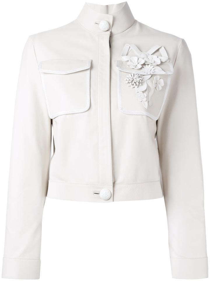 Fendi Floral Trim Jacket, Women's, Size: 40, Nude/neutrals, Silk/lamb Skin/polyamide/viscose