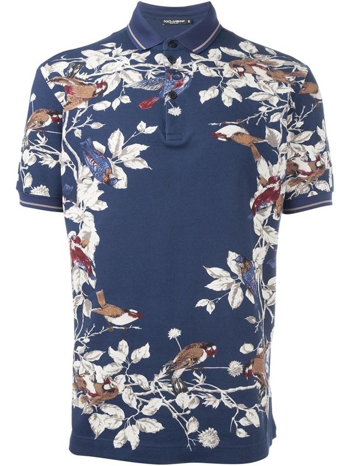 Dolce & Gabbana Bird Print Polo Shirt, Men's, Size: 52, Blue, Cotton/calf Leather