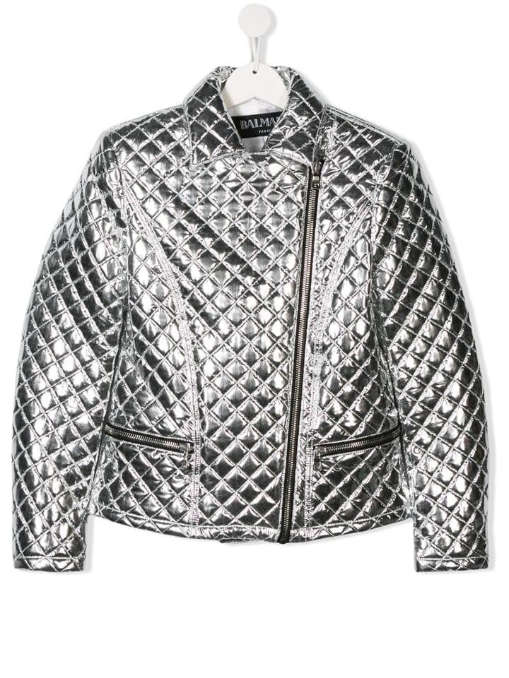 Balmain Kids Teen Quilted Biker Jacket - Silver