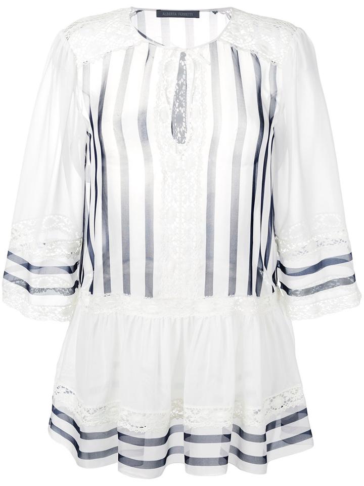 Alberta Ferretti Lace Trim Striped Blouse, Women's, Size: 40, White, Silk/cotton/other Fibers