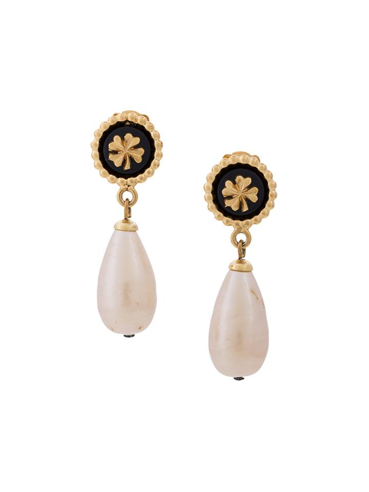 Chanel Vintage Clover Drop Pearl Earrings - White