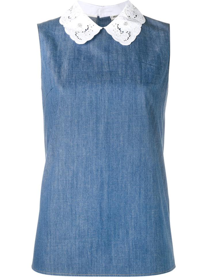 Miu Miu Lace-collar Denim Top, Women's, Size: 40, Blue, Cotton