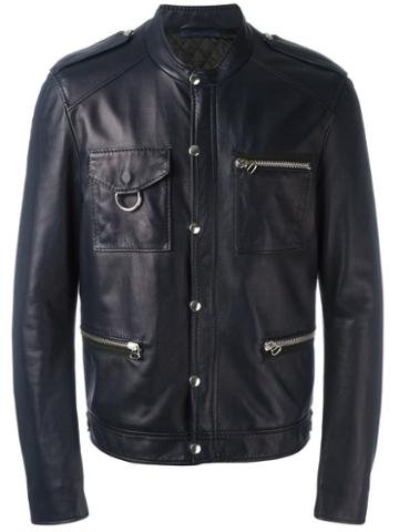 Lanvin Press Stud Leather Jacket, Men's, Size: 52, Blue, Viscose/lamb Skin/polyester