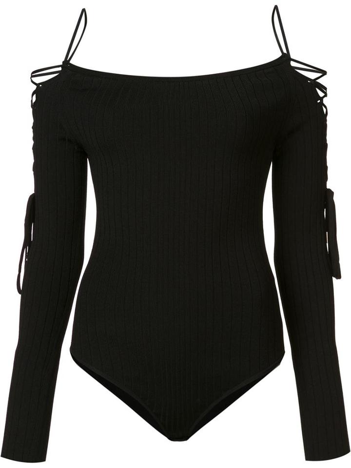Cushnie Et Ochs Lace-up Detailing Boatneck Bodysuit, Women's, Size: Medium, Black, Viscose/polyester