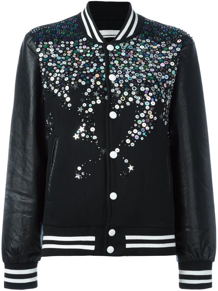 Night Market Sequin Effect Bomber Jacket, Women's, Size: Small, Black, Polyester/cotton/leather/pvc