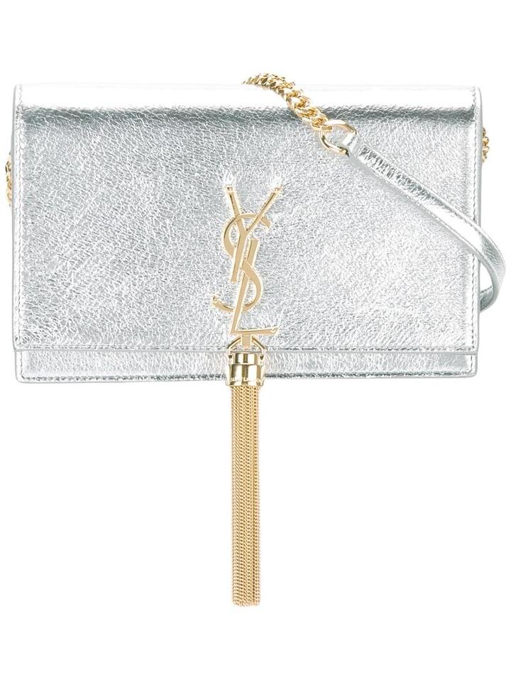 Saint Laurent Small Monogram Tassel Satchel, Women's, Grey, Calf Leather