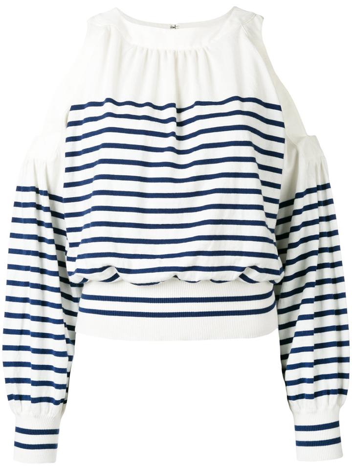 Sacai Cold Shoulder Striped Sweater, Women's, Size: 2, White, Cotton/nylon/polyester/cashmere