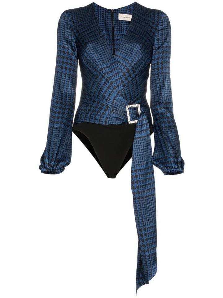 Alexandre Vauthier Houndstooth Print Silk Bodysuit - Black