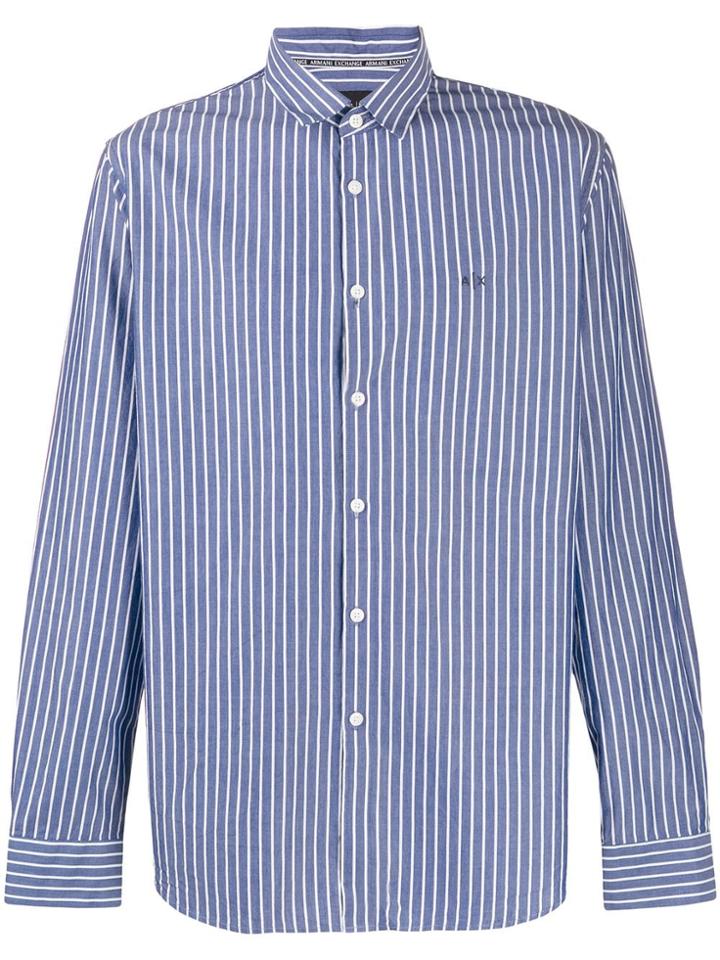 Armani Exchange Striped Logo Embroidered Shirt - Blue
