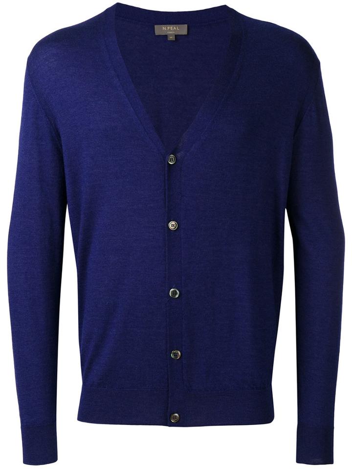 N.peal Button Up Cardigan, Men's, Size: Large, Blue, Silk/cashmere