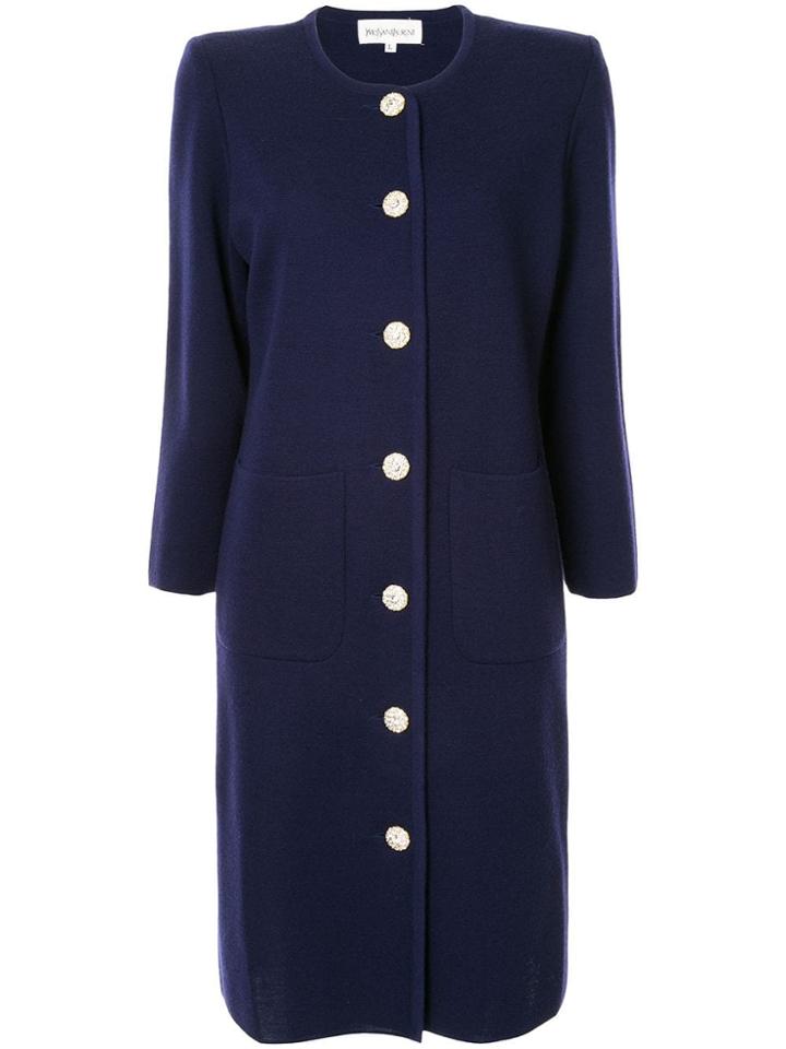 Yves Saint Laurent Pre-owned Collarless Midi Coat - Blue
