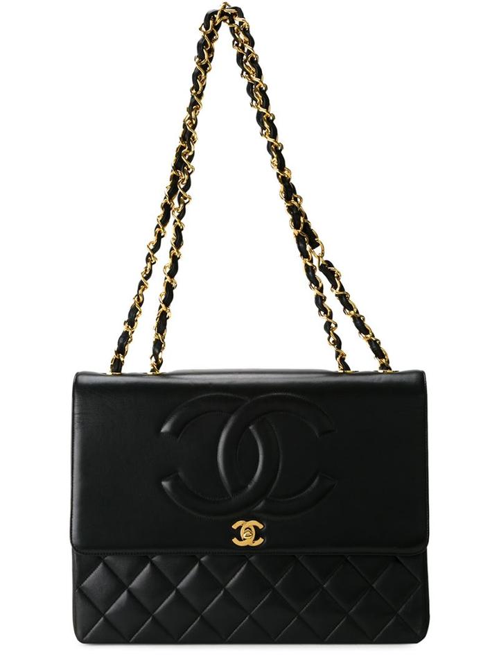 Chanel Vintage Embossed Flap Shoulder Bag, Women's, Black