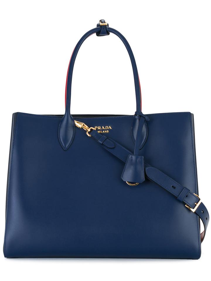 Prada Striped Detail Tote, Women's, Blue, Calf Leather