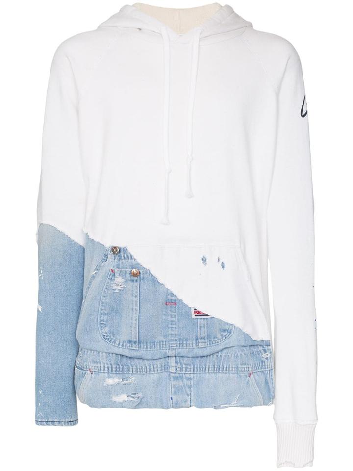Greg Lauren Distressed Denim-trimmed Hoodie - White