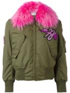 Forte Couture Glitter Patch Bomber Jacket, Women's, Size: 42, Green, Cotton/spandex/elastane/racoon Fur