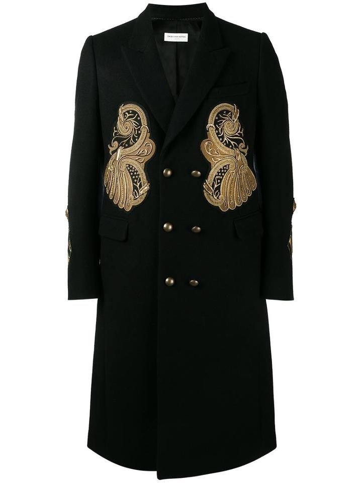Dries Van Noten Patch Double Breasted Coat, Men's, Size: 50, Blue, Cotton