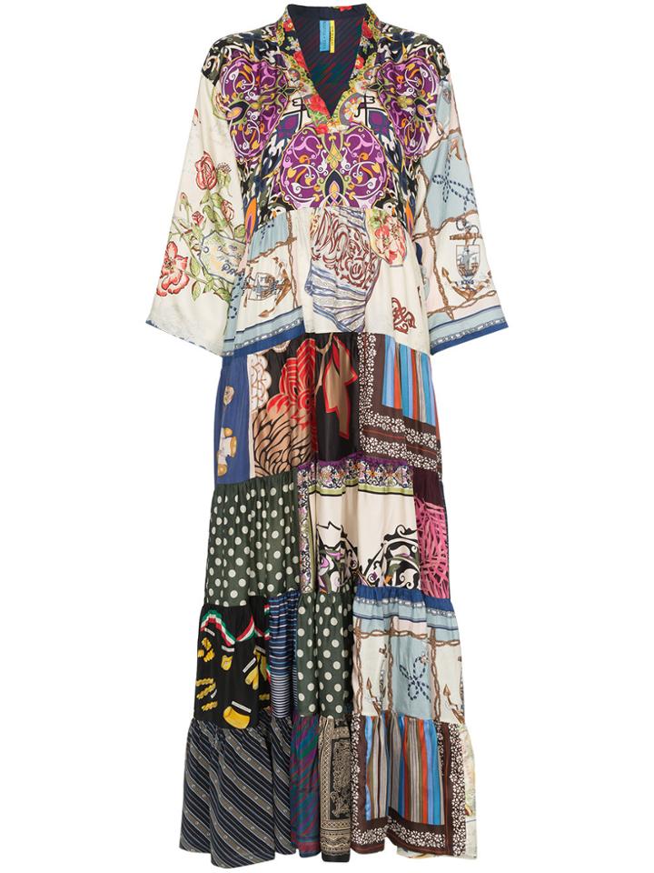 Rianna + Nina Multi Floral Polka Dot Print Silk V-neck Kaftan Dress -