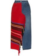 Sjyp Denim Mix Fringed Midi Skirt - Red