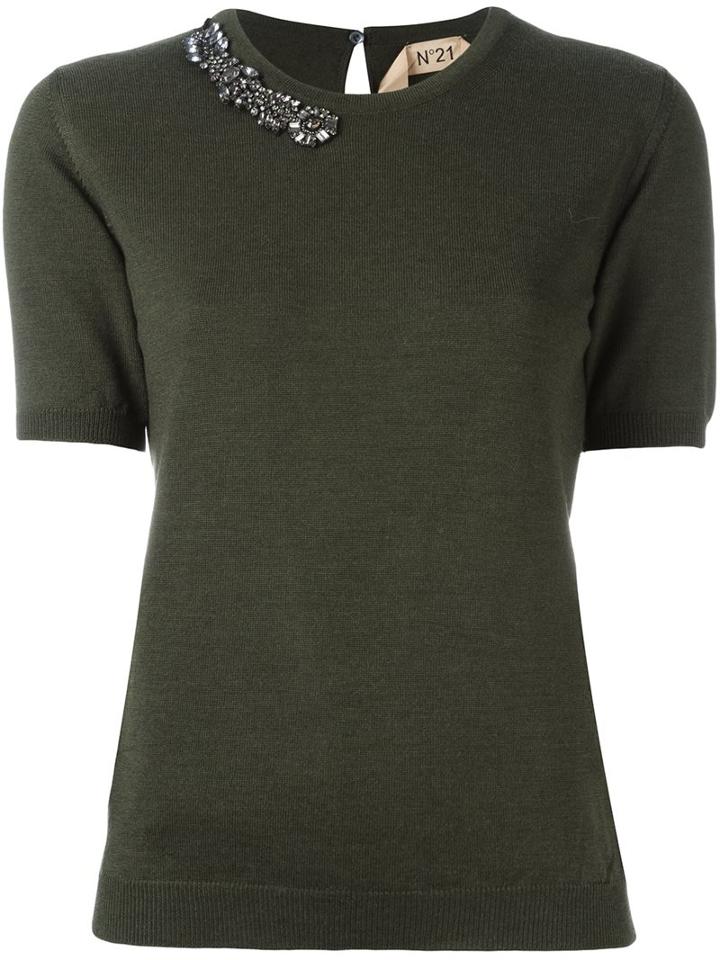 No21 Embellished Neck Knitted T-shirt, Women's, Size: 44, Green, Pvc/virgin Wool/metal/glass