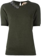 No21 Embellished Neck Knitted T-shirt, Women's, Size: 44, Green, Pvc/virgin Wool/metal/glass