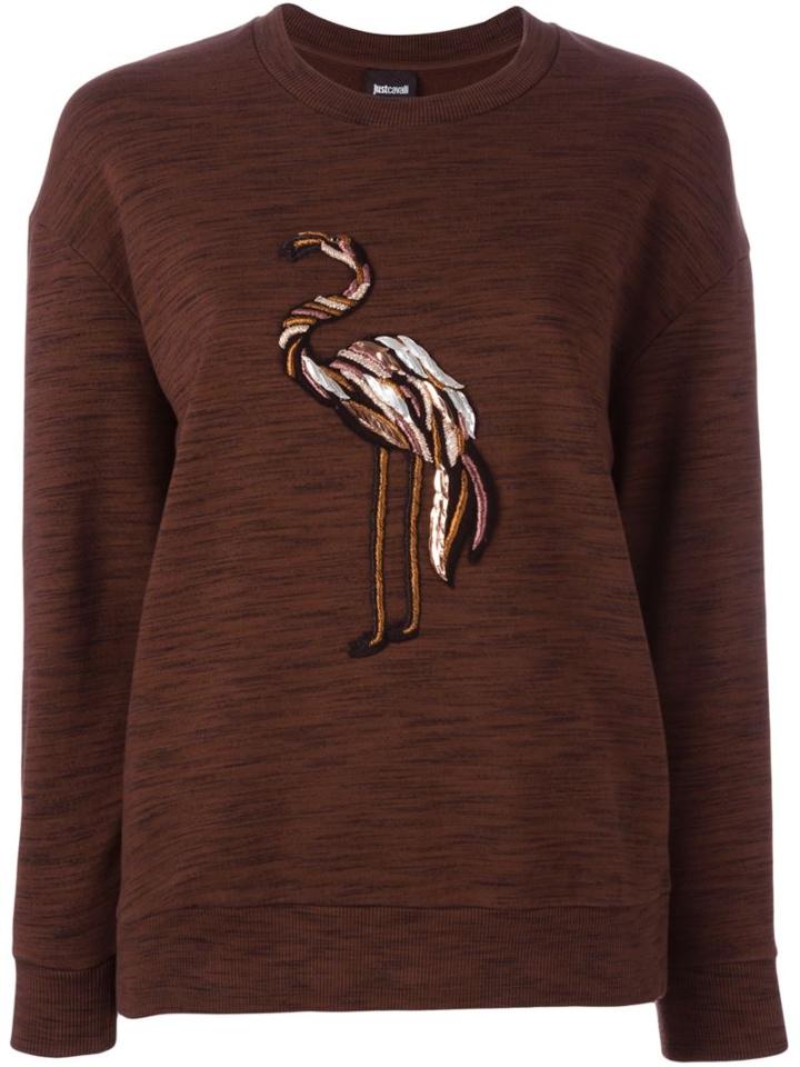 Just Cavalli Embroidered Flamingo Sweatshirt, Women's, Size: 38, Brown, Cotton/plastic/metallic Fibre/polyester