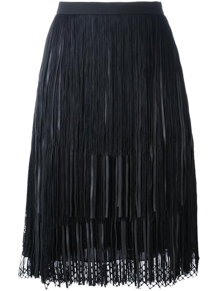 Elie Saab Mesh Hem Pleated Skirt, Women's, Size: 38, Black, Lamb Skin/acetate/polyamide/silk