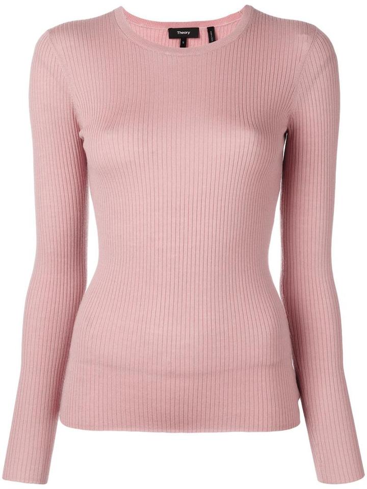 Theory Round Neck Fine Knit Jumper, Women's, Size: Medium, Pink/purple, Merino